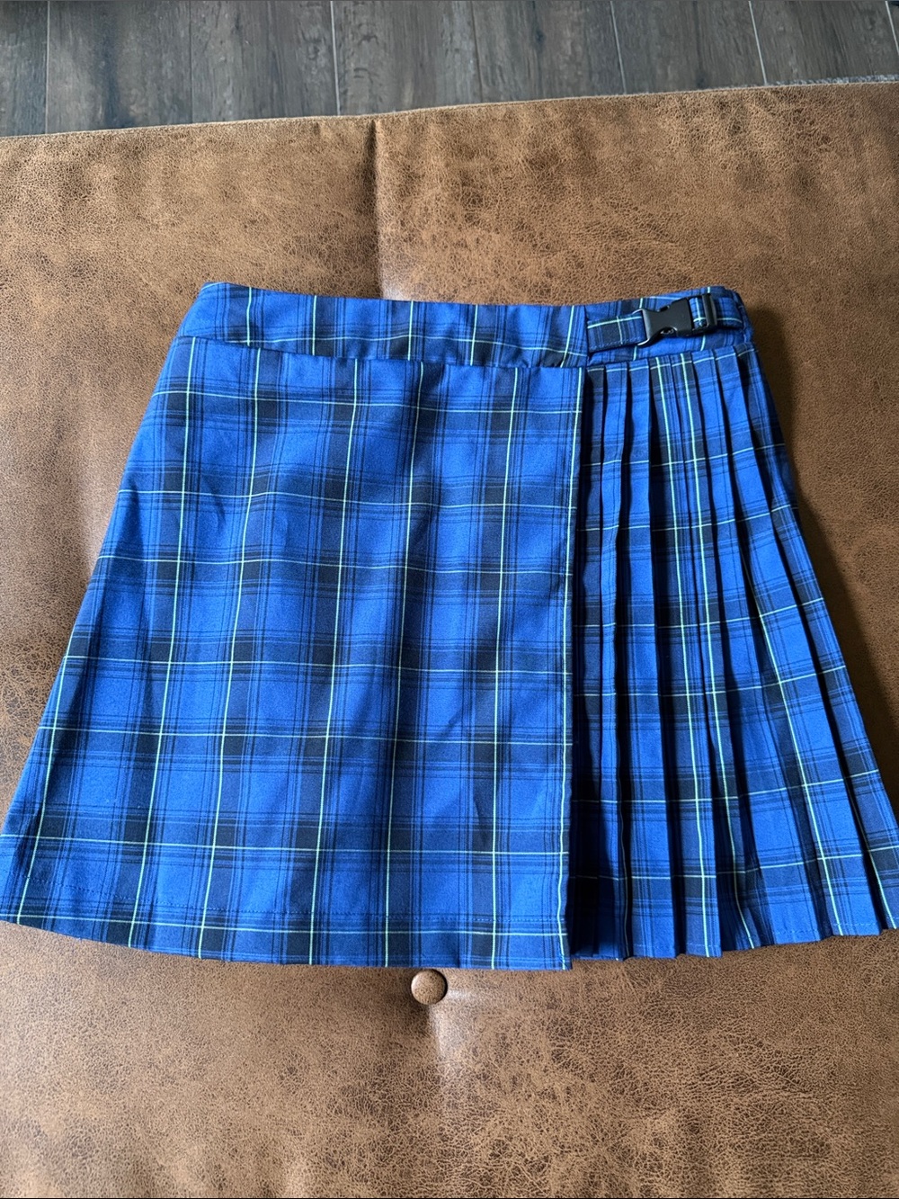 wild fable Blue Plaid Pleated Side-Buckle Skirt